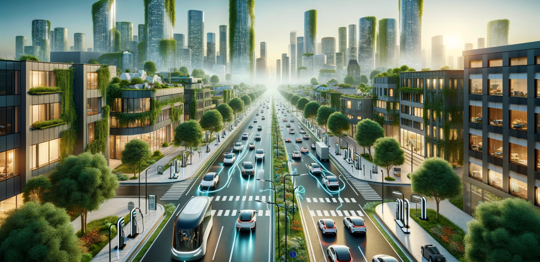 DALL·E 2024-01-19 14.47.36 – The image depicts an urban transformation driven by the revolution of electric mobility. Visualize a bustling city street, once dominated by loud comb